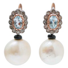 Pearls, Aquamarine Colour Topazs, Diamonds, Onyx, Rose Gold and Silver Earrings.