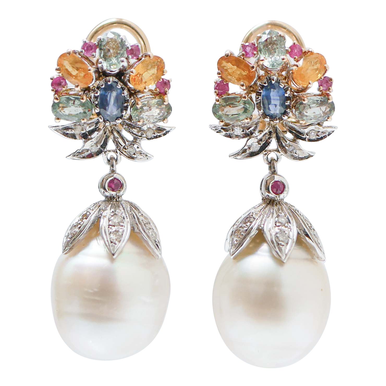 Boucles d'oreilles en or rose et blanc 14 carats, saphirs multicolores, rubis, diamants, perles en vente