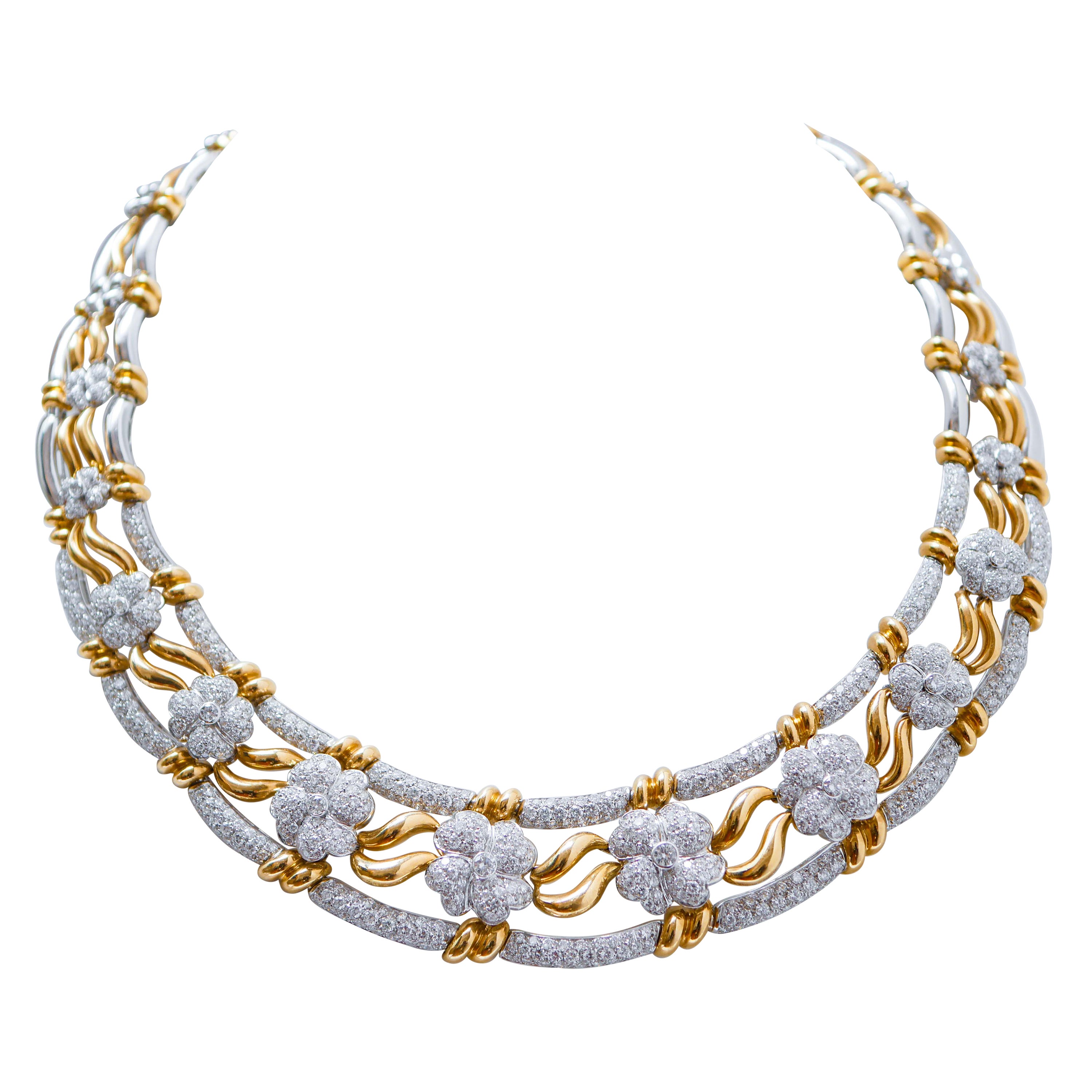 Halskette aus Diamanten, 18 Karat Gelbgold und Weißgold. im Angebot