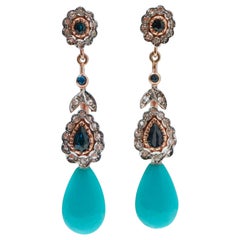 Turquoise, Sapphires, Diamonds, Rose Gold and Silver Dangle Earrings.