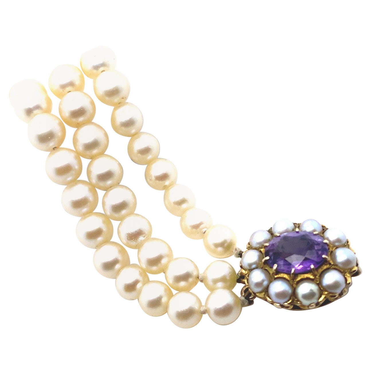 Bracelet vintage à 3 rangs de perles, améthystes et or jaune 9 carats