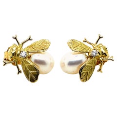 Vintage Bee Stud Pearl Diamond Earrings 18 Karat Yellow Gold