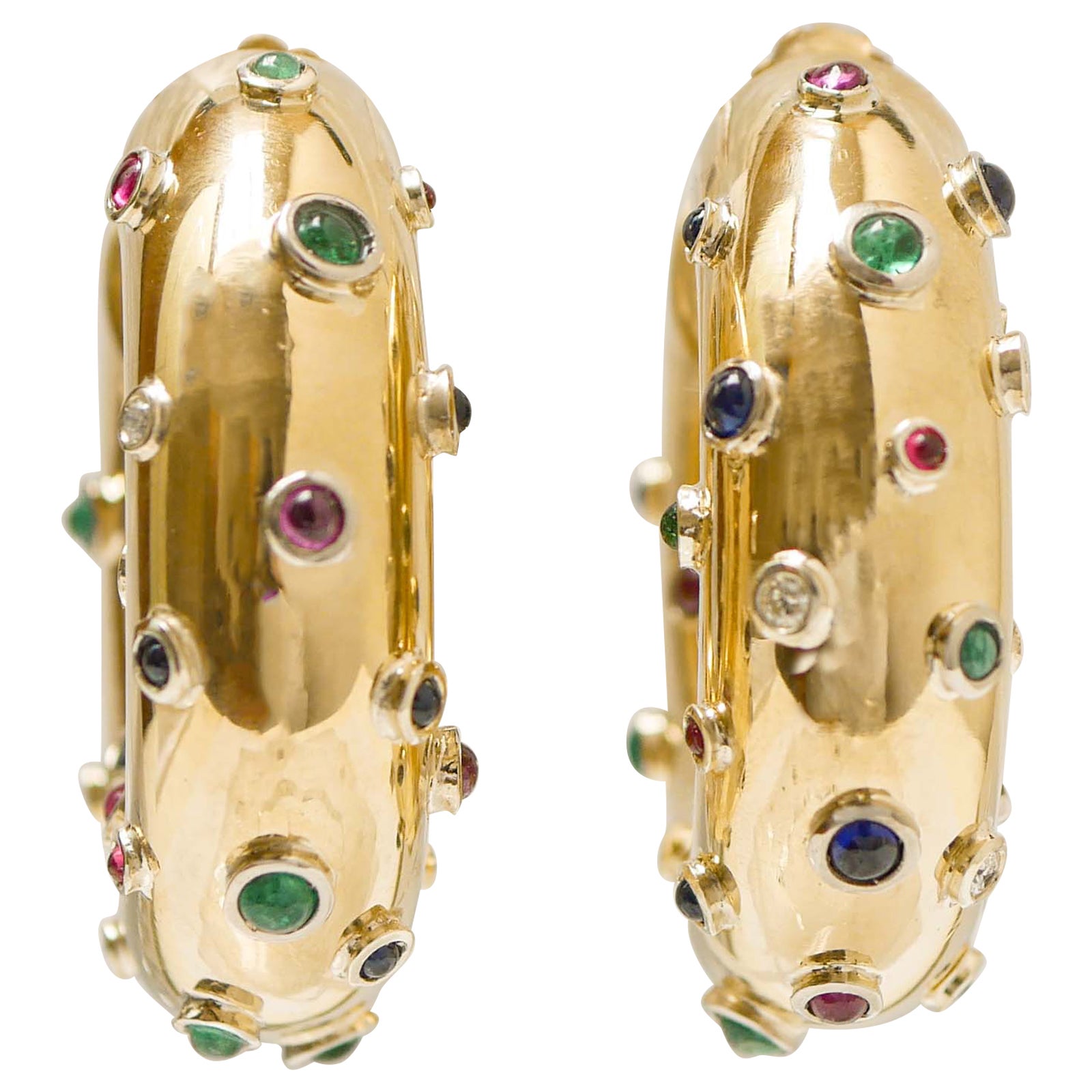 Rubies, Emeralds, Sapphires, Stones, Diamonds, 18 Karat Yellow Gold Earrings.