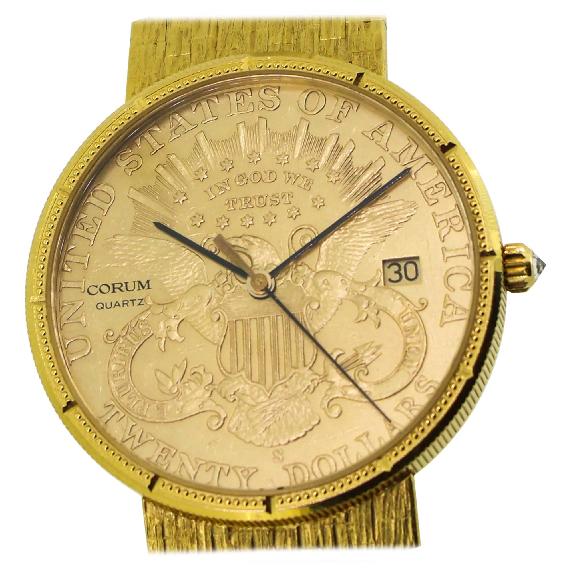 Corum $20 Gold US Liberty Coin 18K Yellow Gold Men's Quartz Watch 