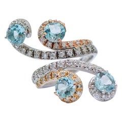 Vintage Aquamarine Colour Topazs, Diamonds, 18Kt White Gold, Rose Gold, Yellow Gold Ring