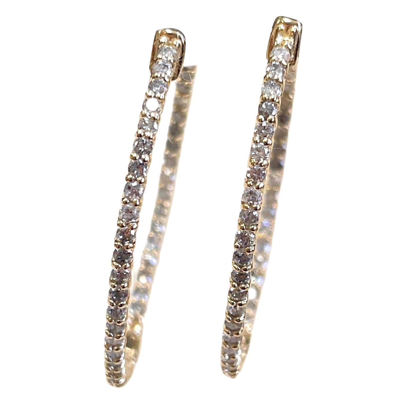 1.45 Carat Diamond Oval Hoops Earrings 14 Karat Yellow Gold For Sale