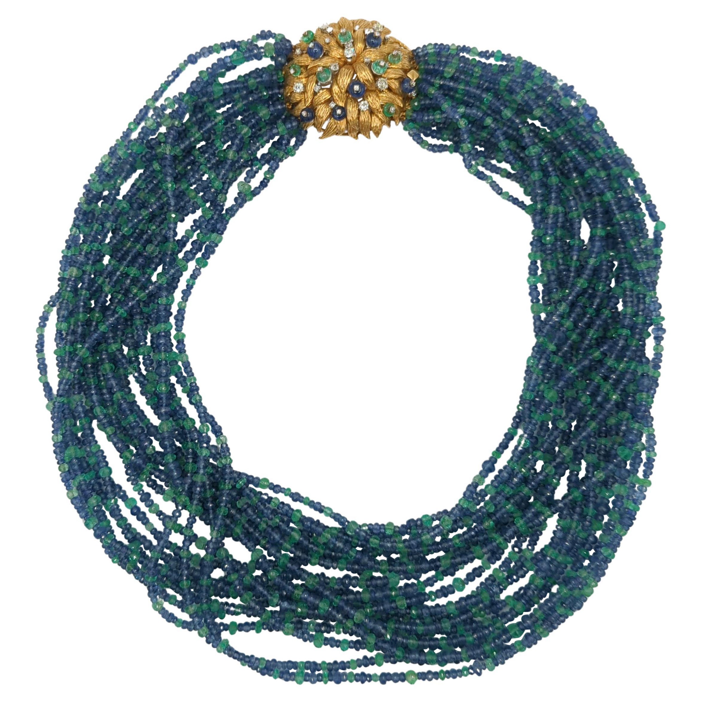 Collier de perles d'émeraude de Colombie et de saphir bleu de Ceylan en or jaune 18 carats