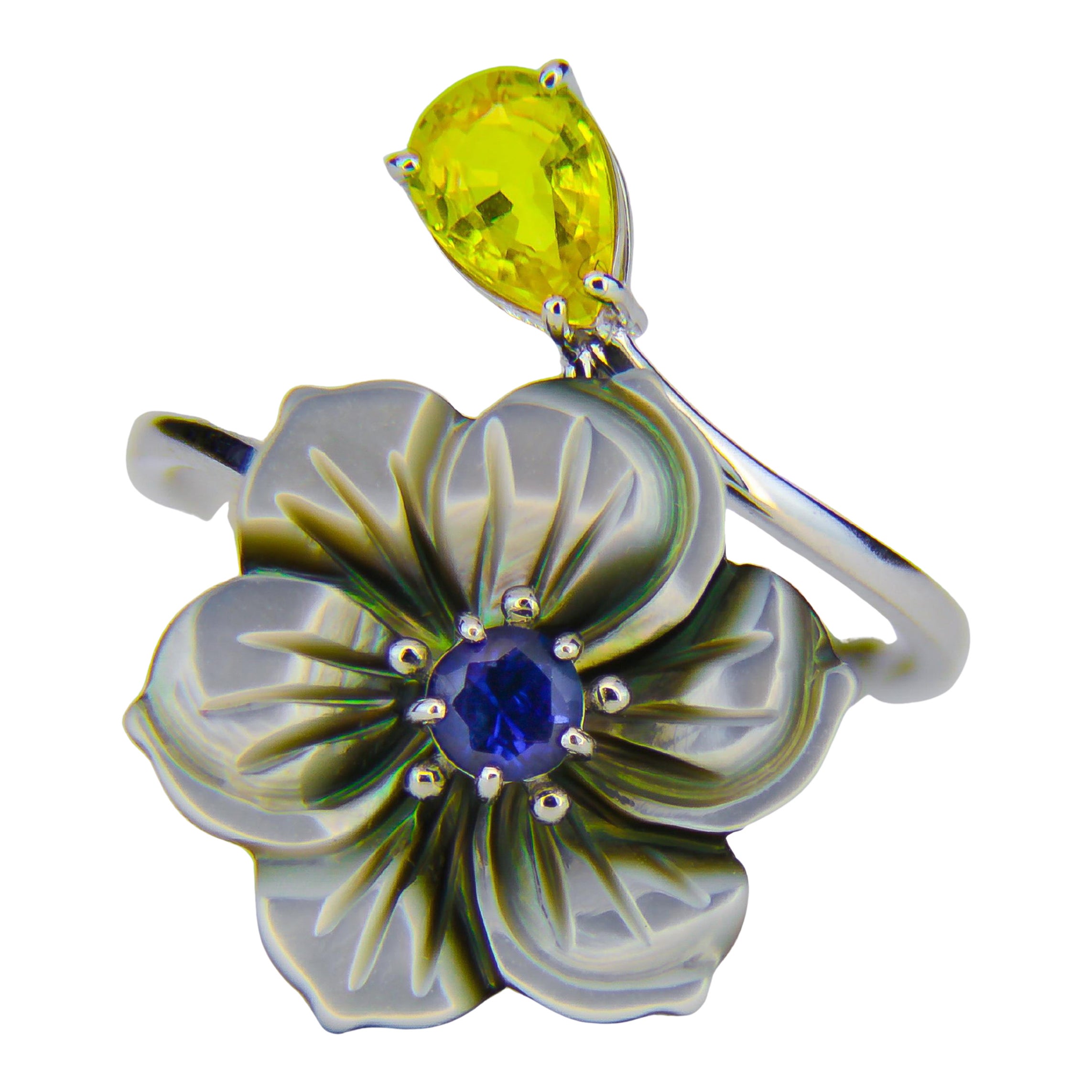 Carved Flower 14k ring with gemstones