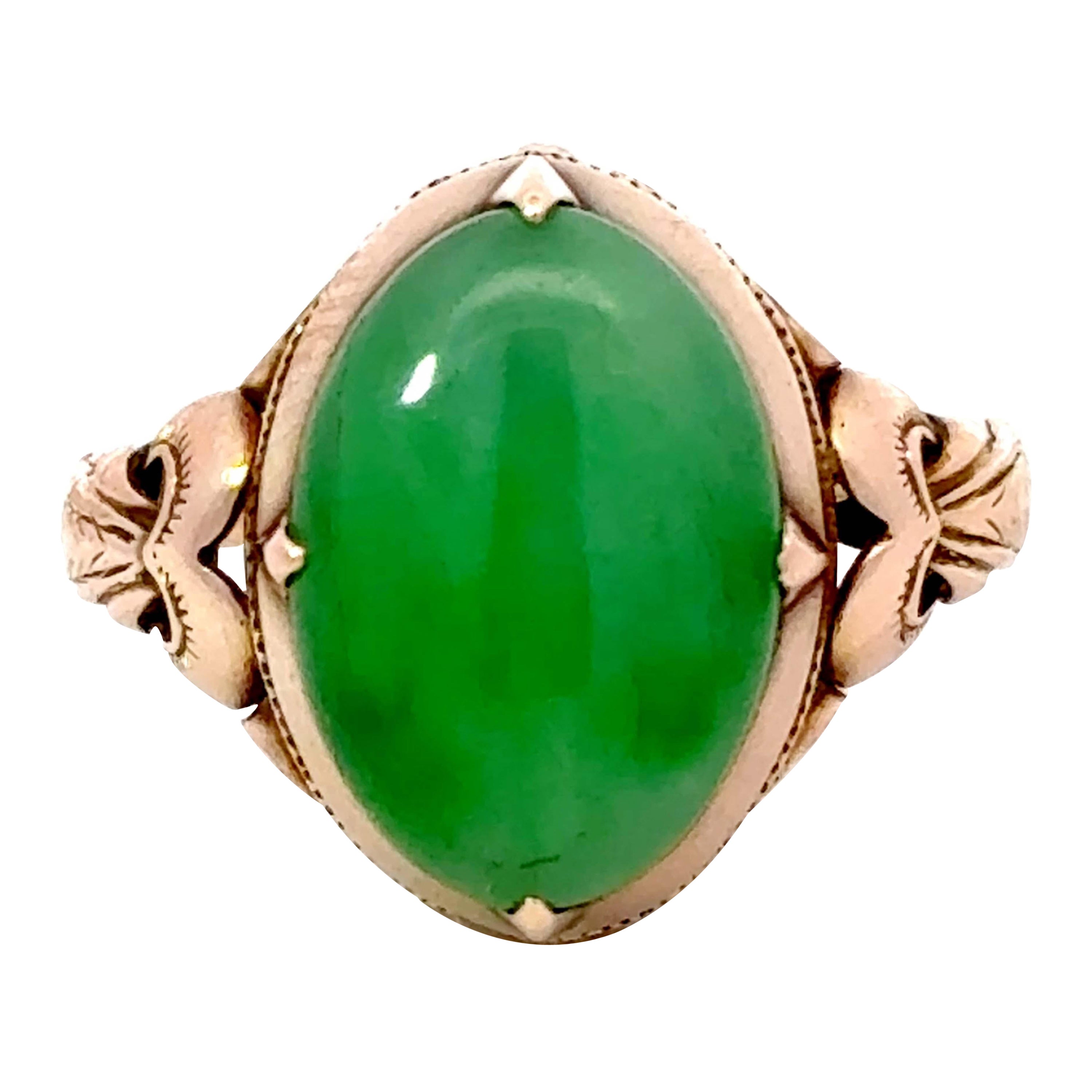 Vintage Green Jade Oval Cabochon Ring 14K Rose Gold For Sale