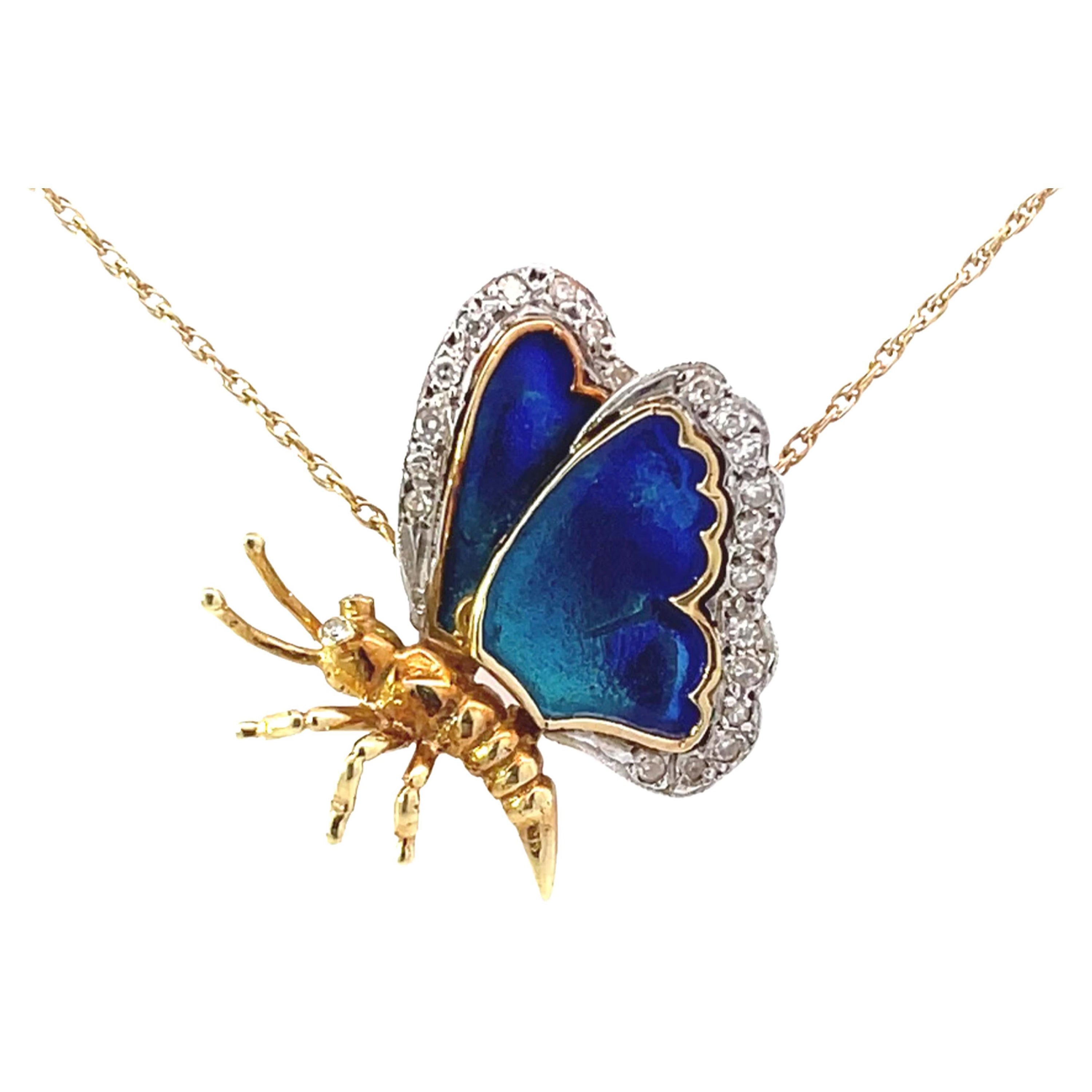 Blue Enamel Butterfly and Diamond Necklace in 14k Yellow Gold For Sale