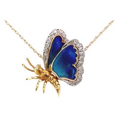 Blaue Emaille-Halskette mit Schmetterling und Diamanten aus 14 Karat Gelbgold