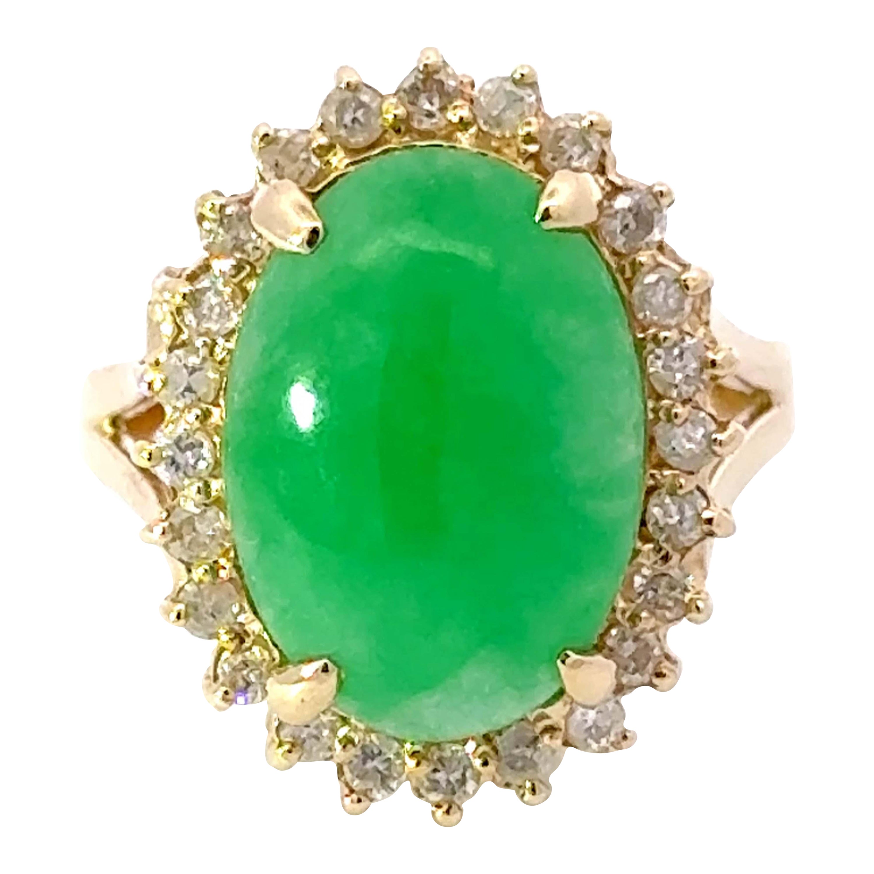 Green Jade Cabochon Diamond Halo Ring 14k Yellow Gold For Sale