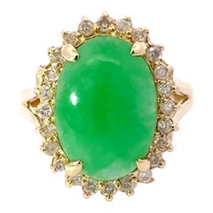 Vintage Green Jade Cabochon Diamond Halo Ring 14k Yellow Gold