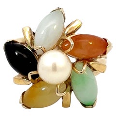 Retro Multi Colored Jade Flower and Pearl Center Ring 14K Yellow Gold