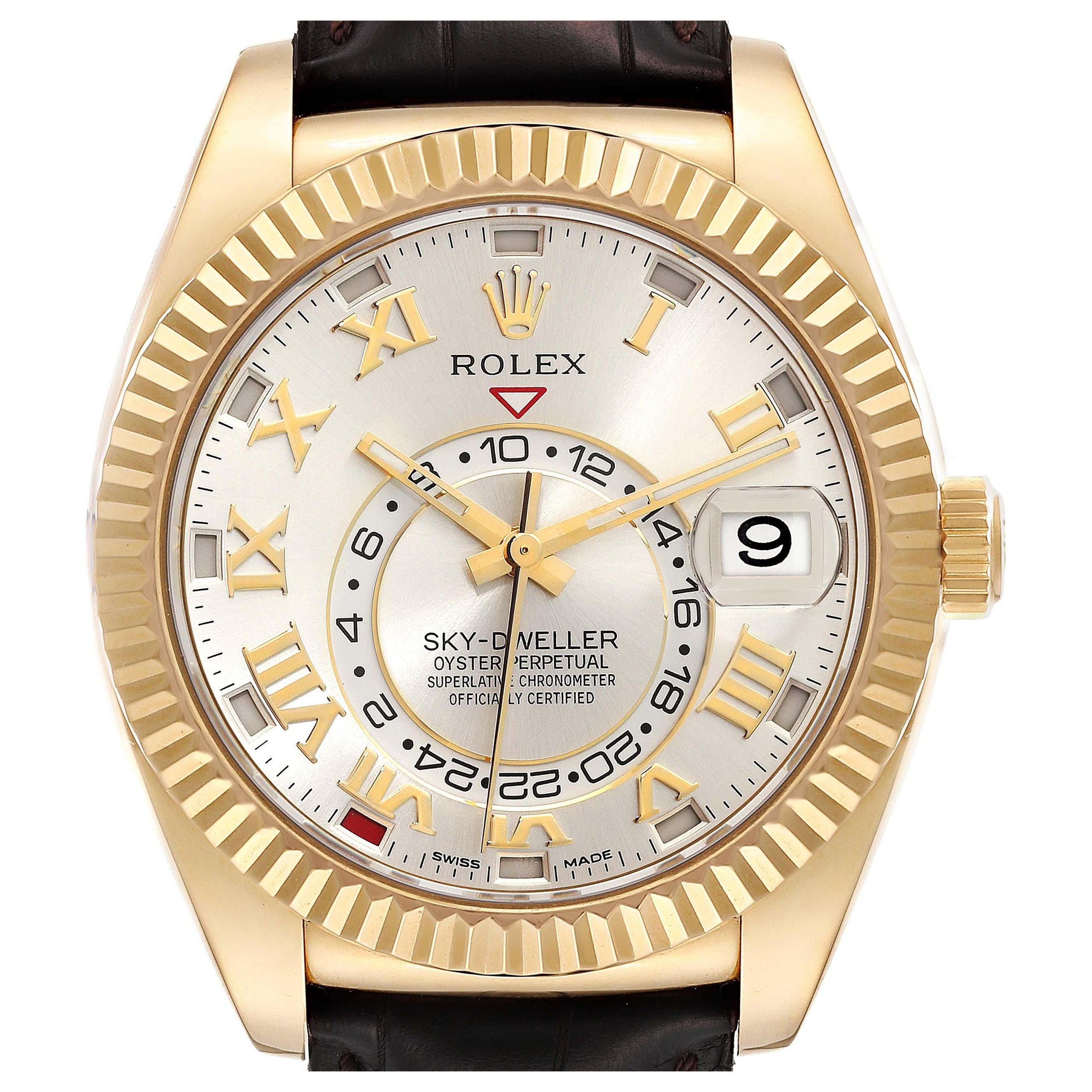 Rolex Sky Dweller Yellow Gold Silver Dial Mens Watch 326138 Box Card For Sale