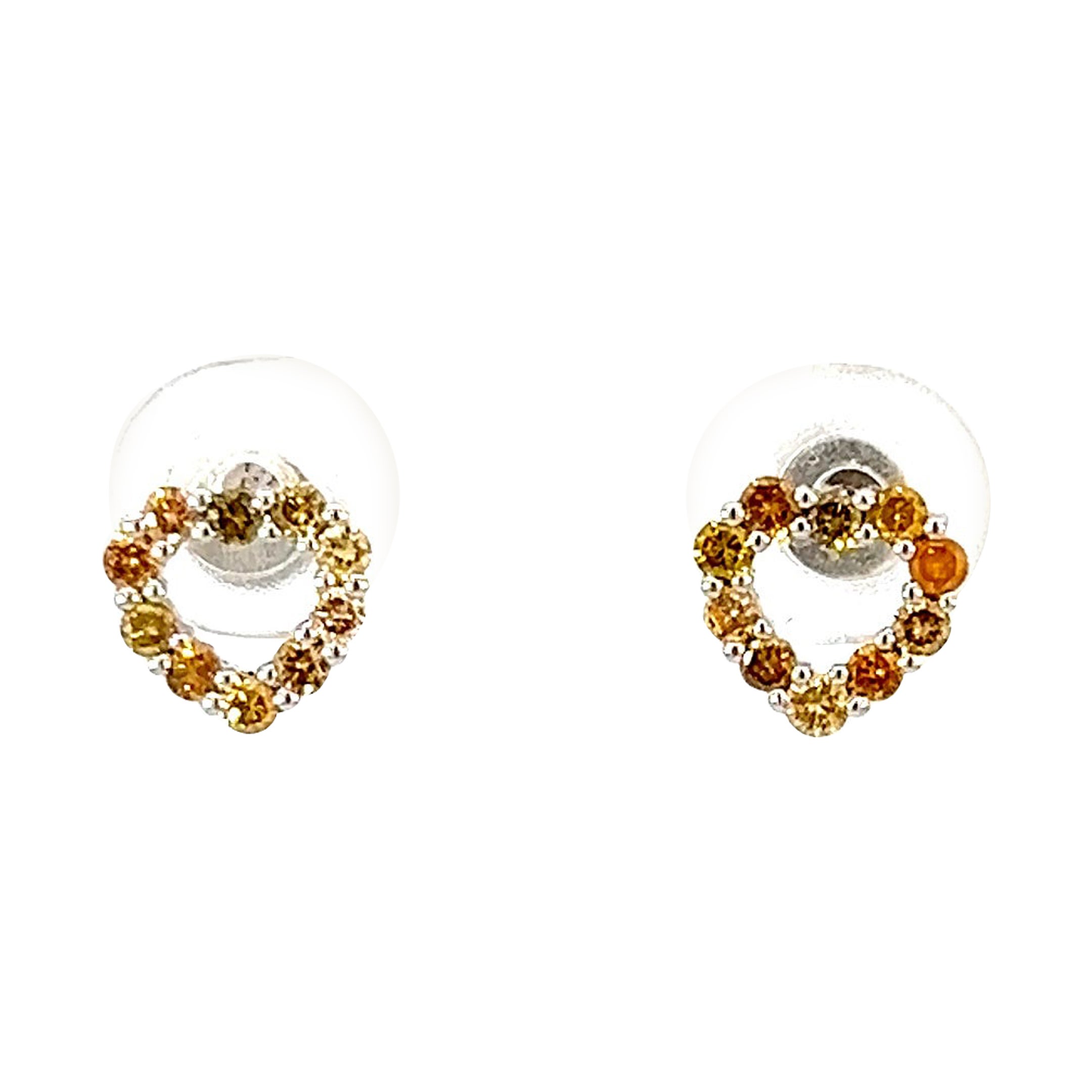 14k White Gold Multi Fancy Color .4 Carat Diamond Heart Earring Stud For Sale