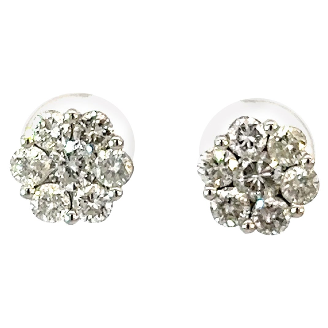 Classic 14k White Gold 1.28 Carat Diamond Cluster Earring Stud For Sale