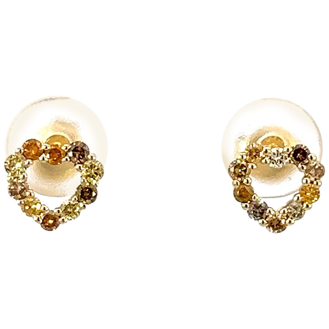 14k Yellow Gold Multi Fancy Color .4 Carat Diamond Heart Earring Stud For Sale