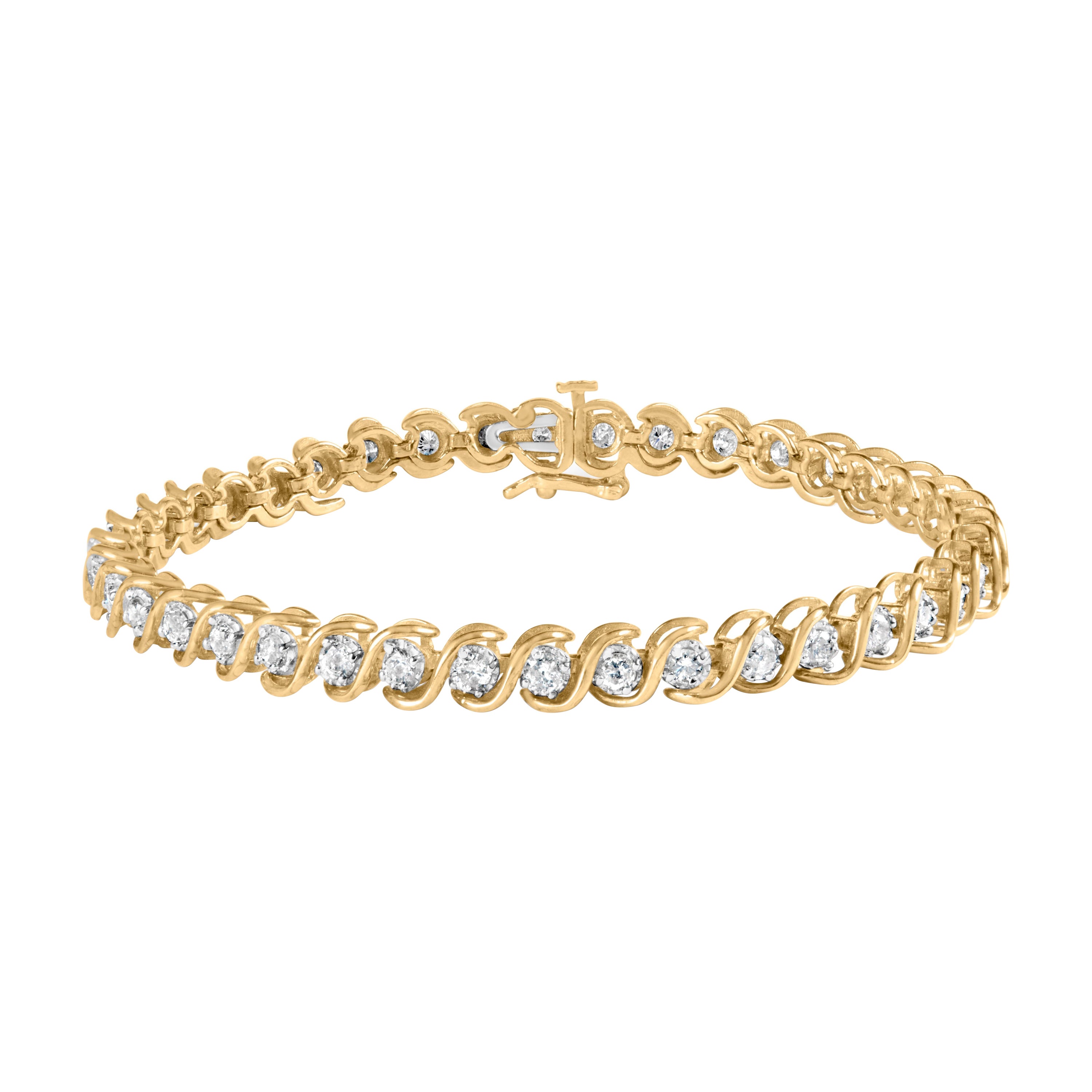 10K Yellow Gold 3.0 Carat Round-Cut Diamond Spiral Link 7.50" Bracelet For Sale