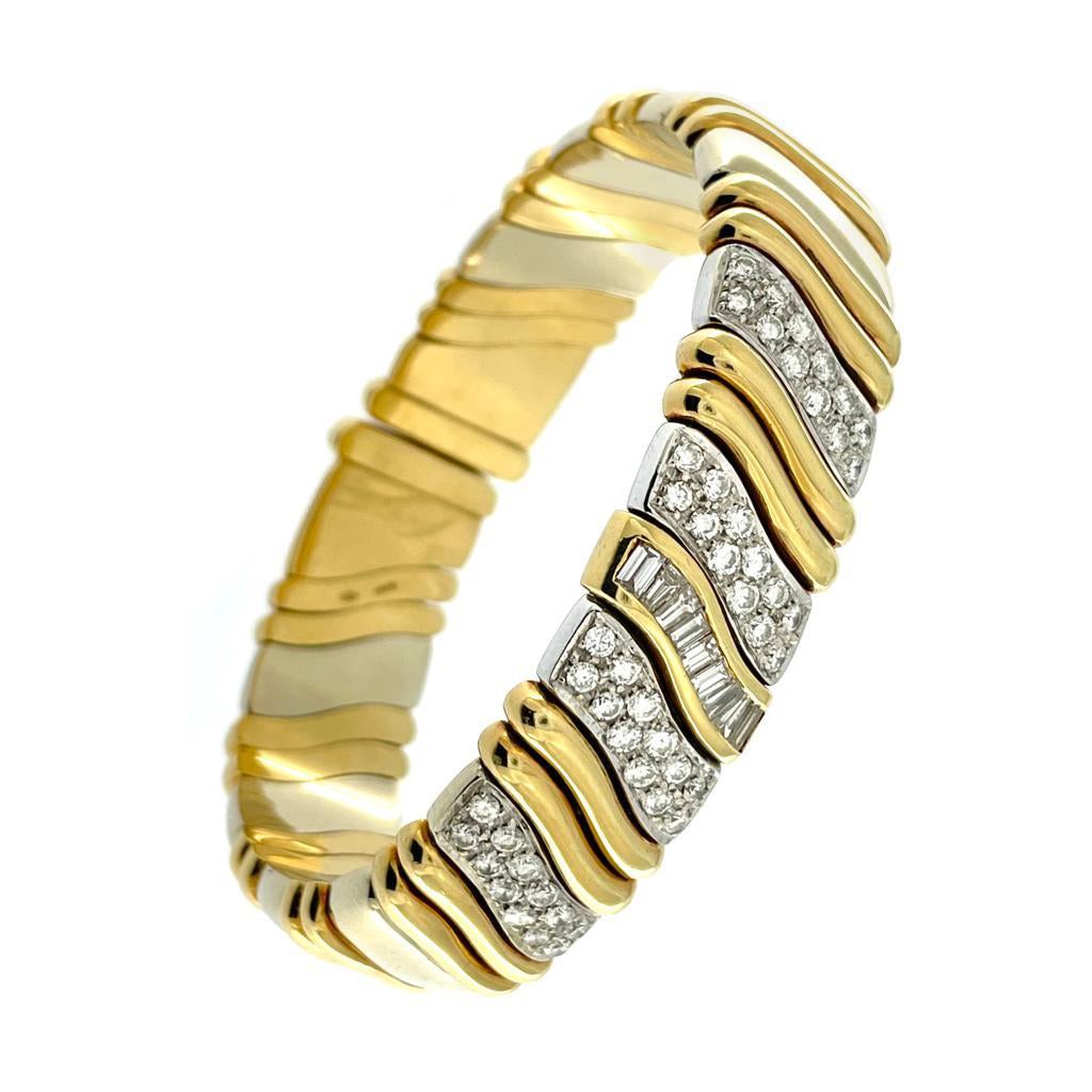 Italienisches Manschettenarmband aus der Jahrhundertmitte aus Gelb- und Weißgold mit Diamanten im Angebot