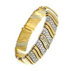 Retro Mid-Century Italian Cuff Bracelet Yellow and White Gold with Diamonds
