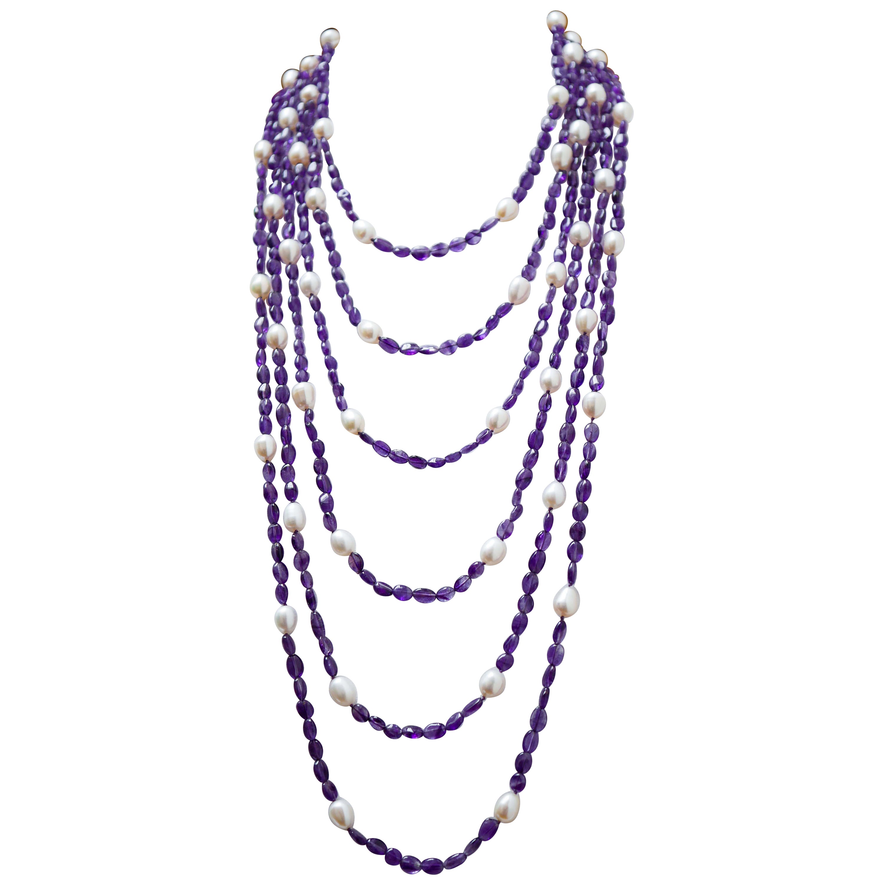 Amethysts, Pearls, Multi-Strands Necklace. For Sale