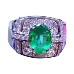 AIG Certified 2.25 Carats Natural Zambian Emerald 1.10 Ct Diamond 18K Gold Ring