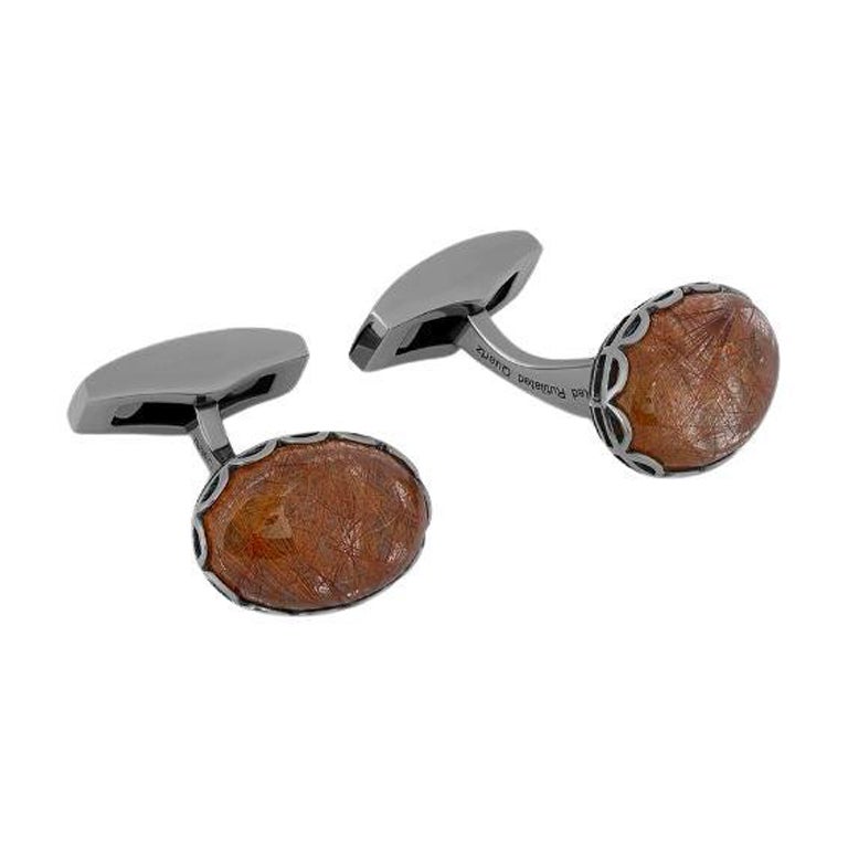 Bronze Rutilated Quartz Rhodium Plated Sterling Silver Cufflinks, Limited For Sale