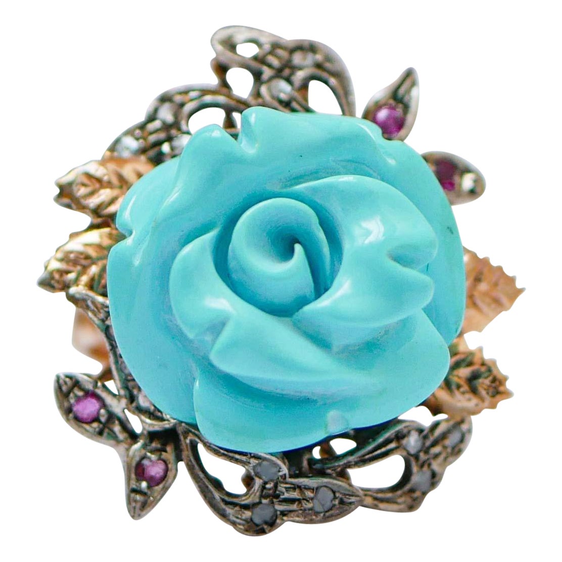 Turquoise, Rubies, Diamonds, Rose Gold and Silver Ring. For Sale