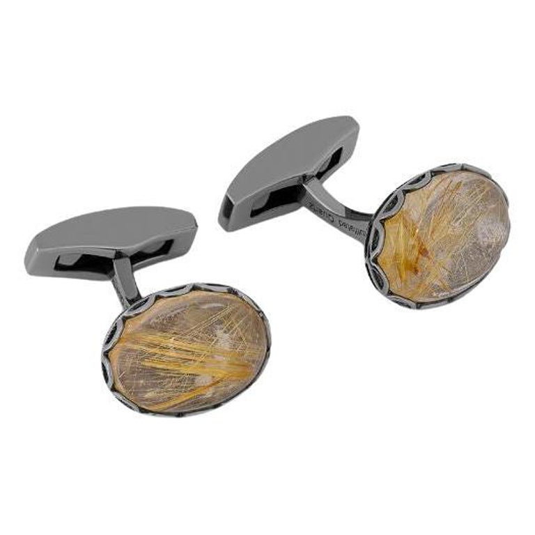 Gold Rutilated Quartz Rhodium Plated Sterling Silver Cufflinks, Limited Edition For Sale