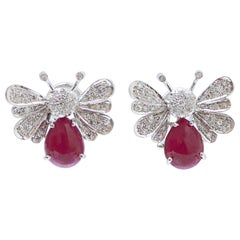 Retro Rubies, Diamonds, Platinum and 14 Karat White Gold Butterfly Earrings.