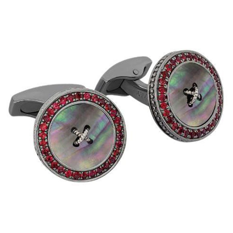 Precious Button Cufflinks with Black Mother of Pearl & Rubies For Sale