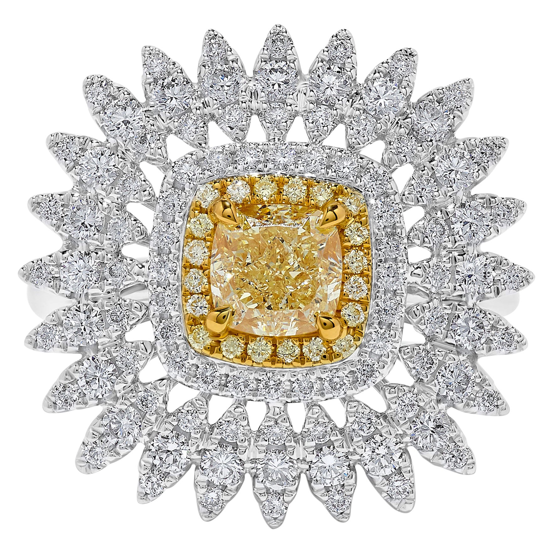 GIA Certified Natural Yellow Cushion Diamond 1.98 Carat TW Gold Cocktail Ring