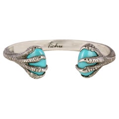 Tichu Turquoise Eagle Claw Cuff in Silver Sterling & Crystal Quartz, Size 'L'