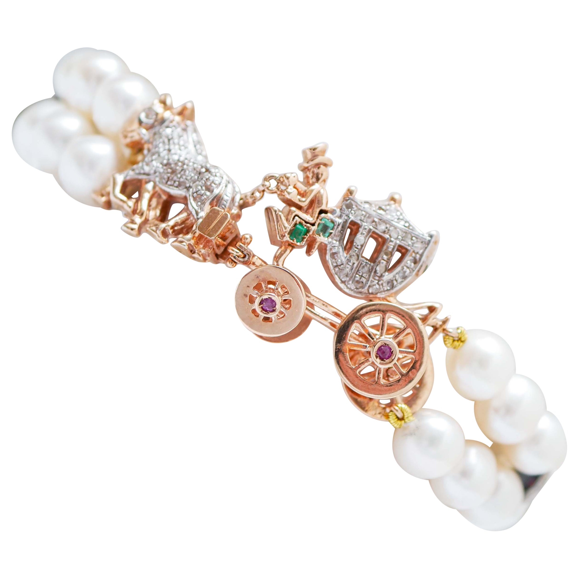 Pearls, Rubies, Emeralds, Diamonds, Rose Gold and Silver Carriage Bracelet For Sale