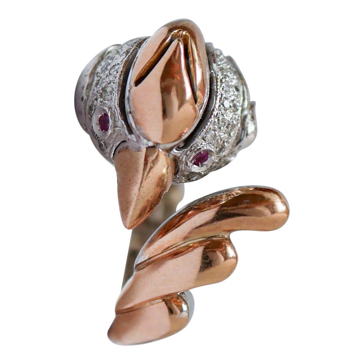 Rubies, Diamonds, 14 Karat Rose and White Gold Parot Ring. For Sale