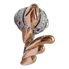 Retro Rubies, Diamonds, 14 Karat Rose and White Gold Parot Ring.