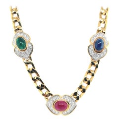 Retro Gold 14.5 Carat Natural Diamond & Ruby Sapphire Emerald Cabochon Necklace 