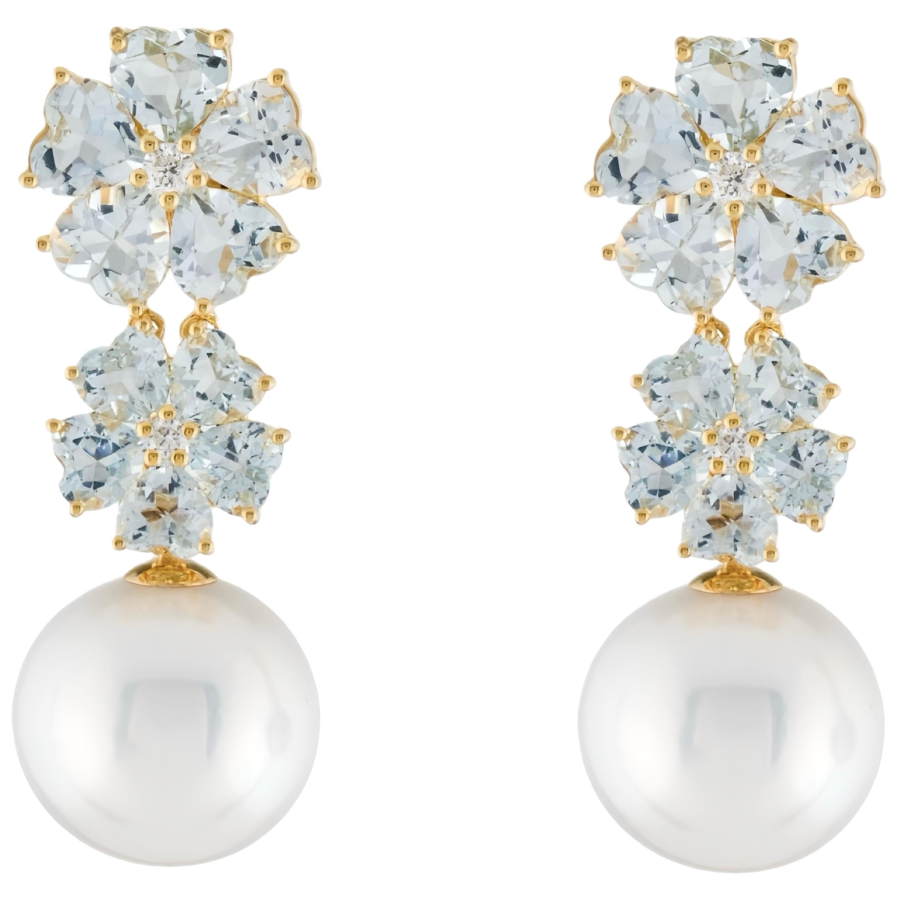 Nina Zhou Aquamarine Diamond Blossom 12-13mm Pearl Convertible Drop Earrings For Sale