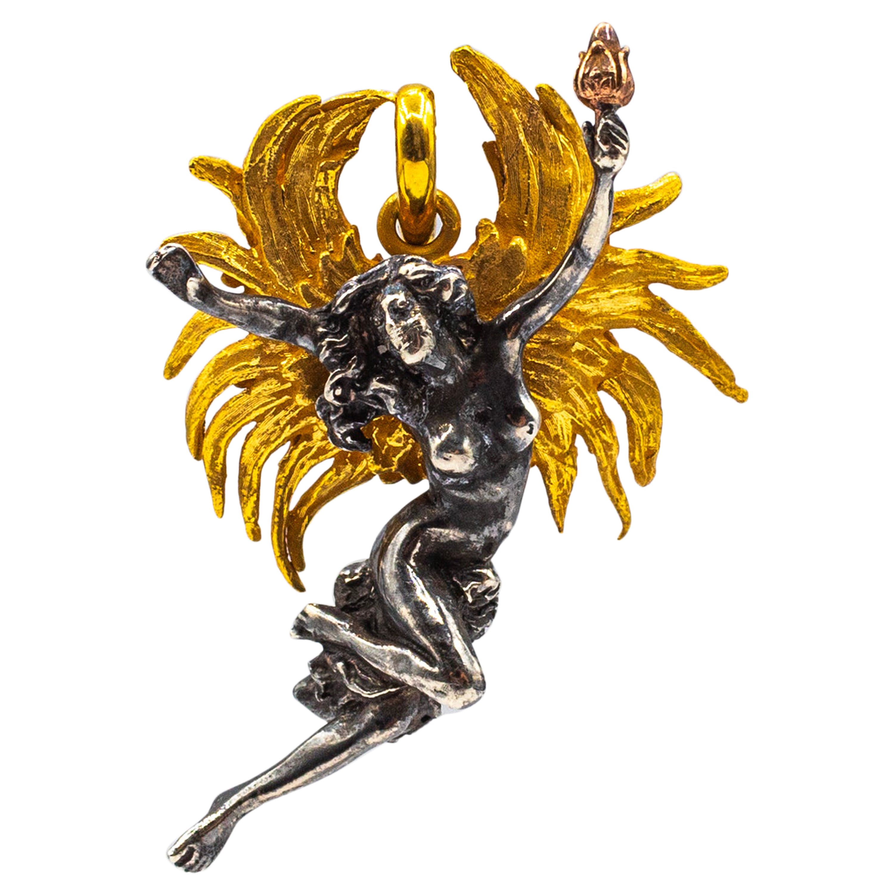 Collier pendentif de style Art nouveau fabriqué à la main en argent sterling et or jaune en vente