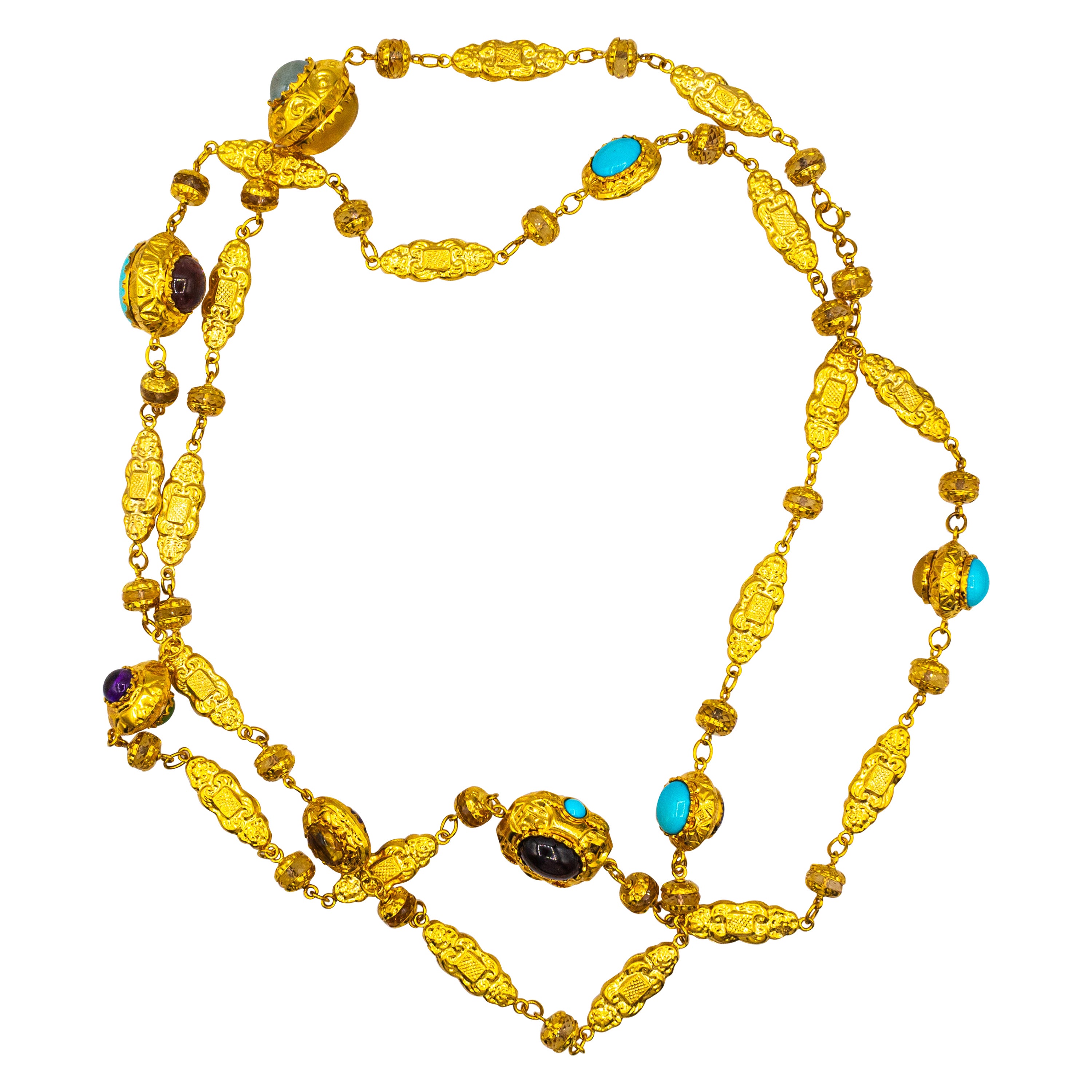 Art Nouveau Citrine Turquoise Tourmaline Chrysoprase Yellow Gold Drop Necklace For Sale