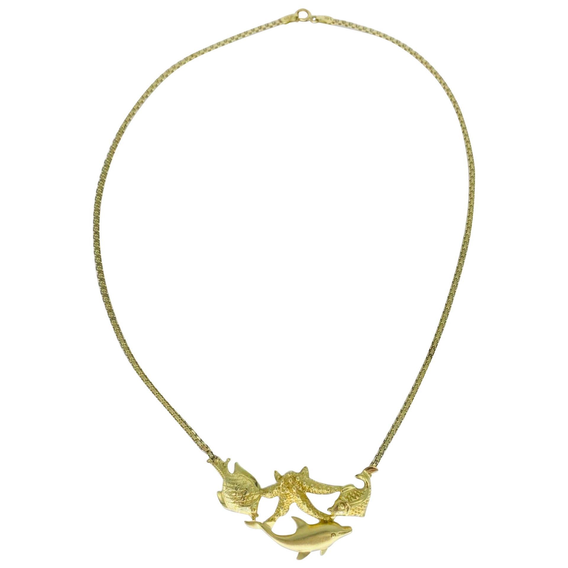 3D Sea Creatures Dolphin Star & Fish Pendant Necklace 14k Gold For Sale