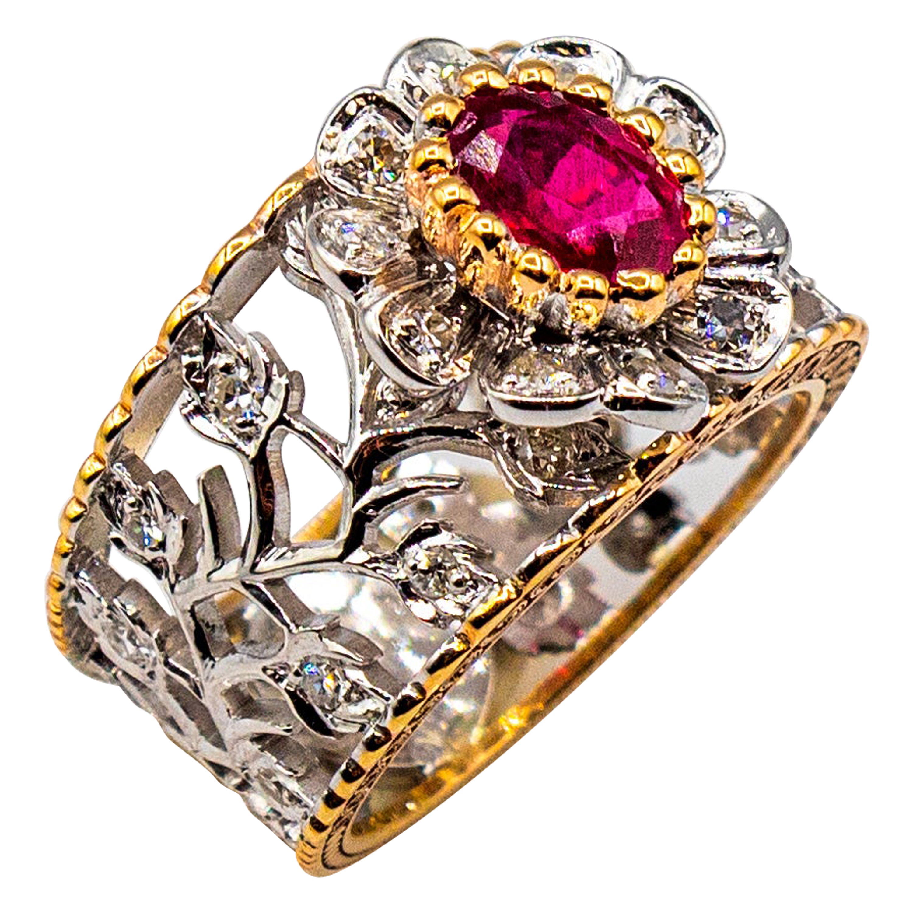Art Deco Style White Modern Round Cut Diamond Ruby Yellow Gold Band Ring For Sale