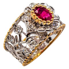 Art Deco Style White Modern Round Cut Diamond Ruby Yellow Gold Band Ring