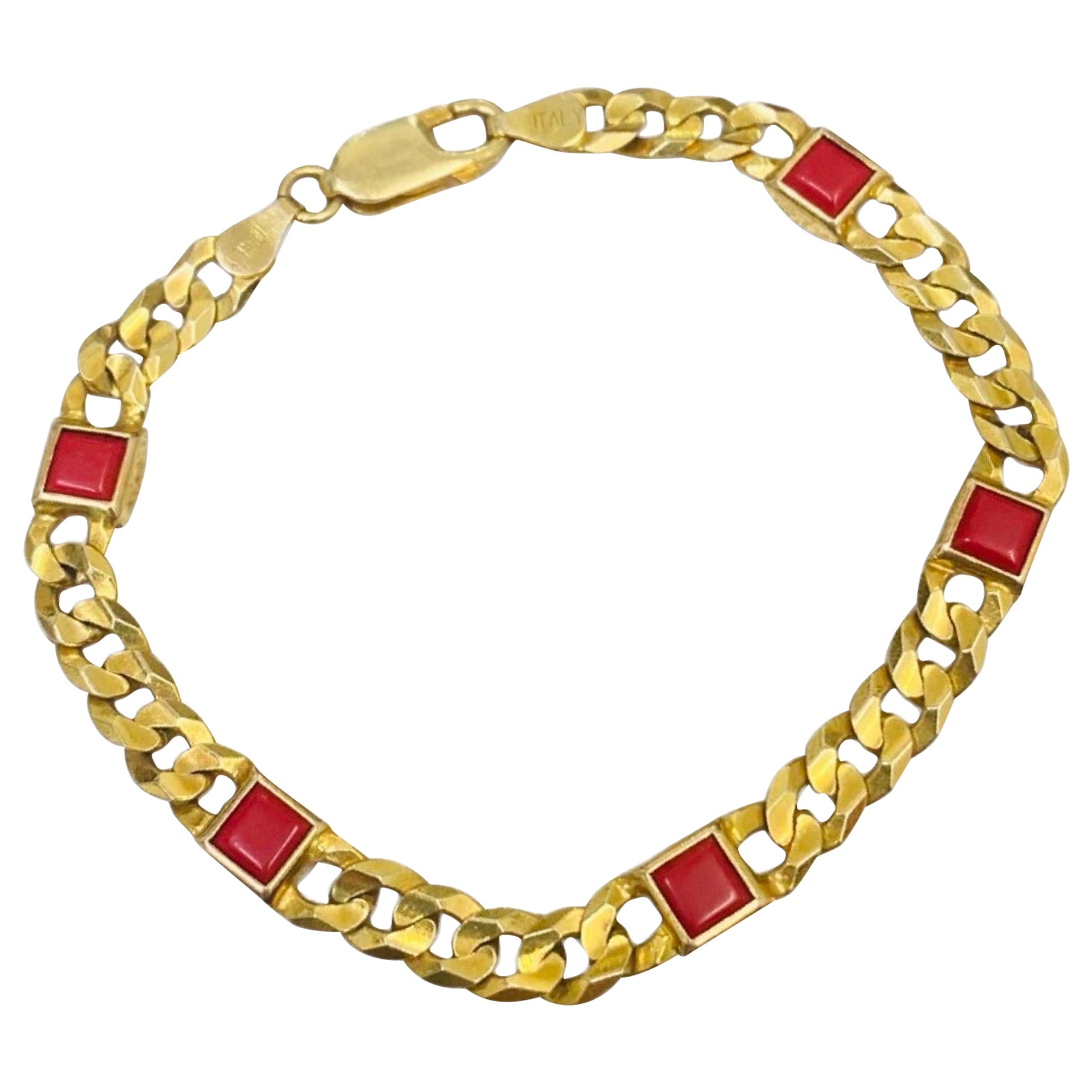 Vintage Red Coral Blocks Bezel Set Cuban Curb Link Bracelet 14k Gold 6.5 Inch For Sale