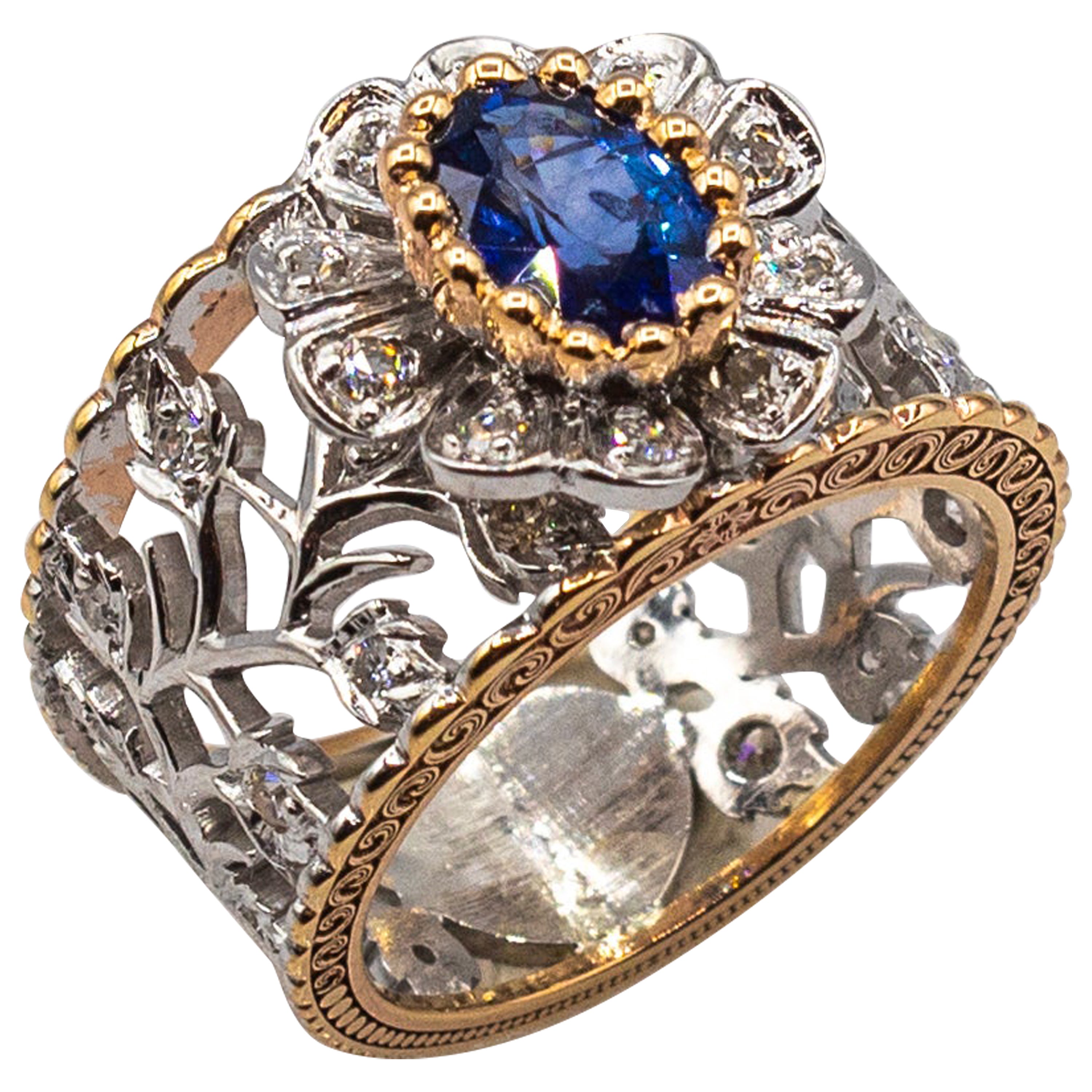 Gelbgoldring im Art-déco-Stil, weißer moderner Diamant im Rundschliff mit blauem Saphir und blauem Saphir