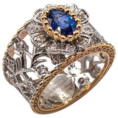 Anillo de Oro Amarillo con Diamante de Corte Redondo Blanco Moderno Estilo Art Decó Zafiro Azul