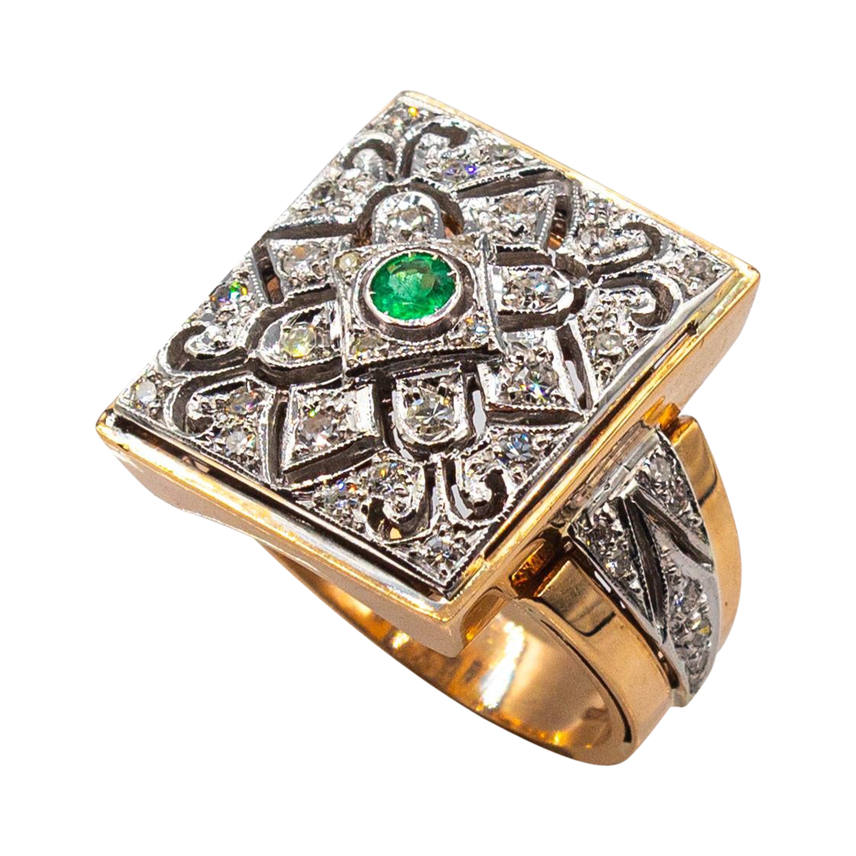 Art Deco Style White Modern Round Cut Diamond Emerald Yellow Gold Cocktail Ring For Sale