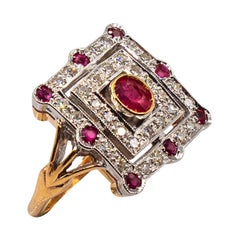 Vintage Art Deco Style White Modern Round Cut Diamond Ruby Yellow Gold Cocktail Ring