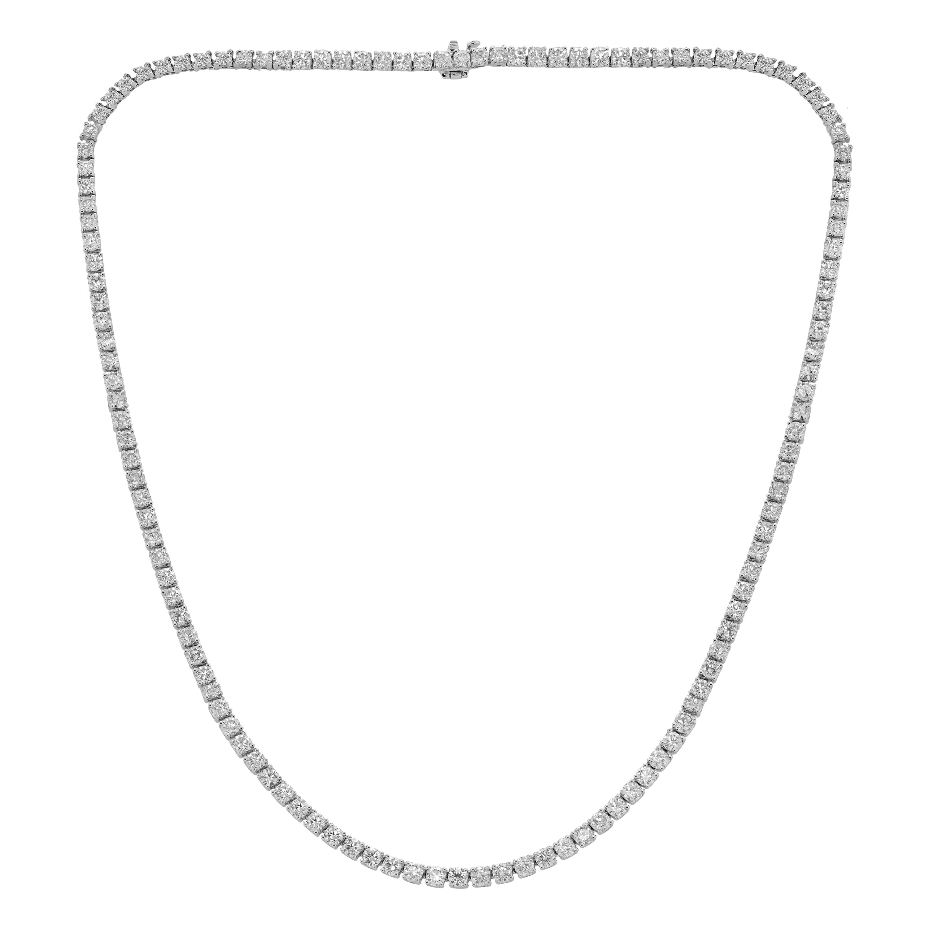 Diana M. Custom 12.05 cts Round 4 Prong Diamond 14k White Gold Tennis Necklace  For Sale
